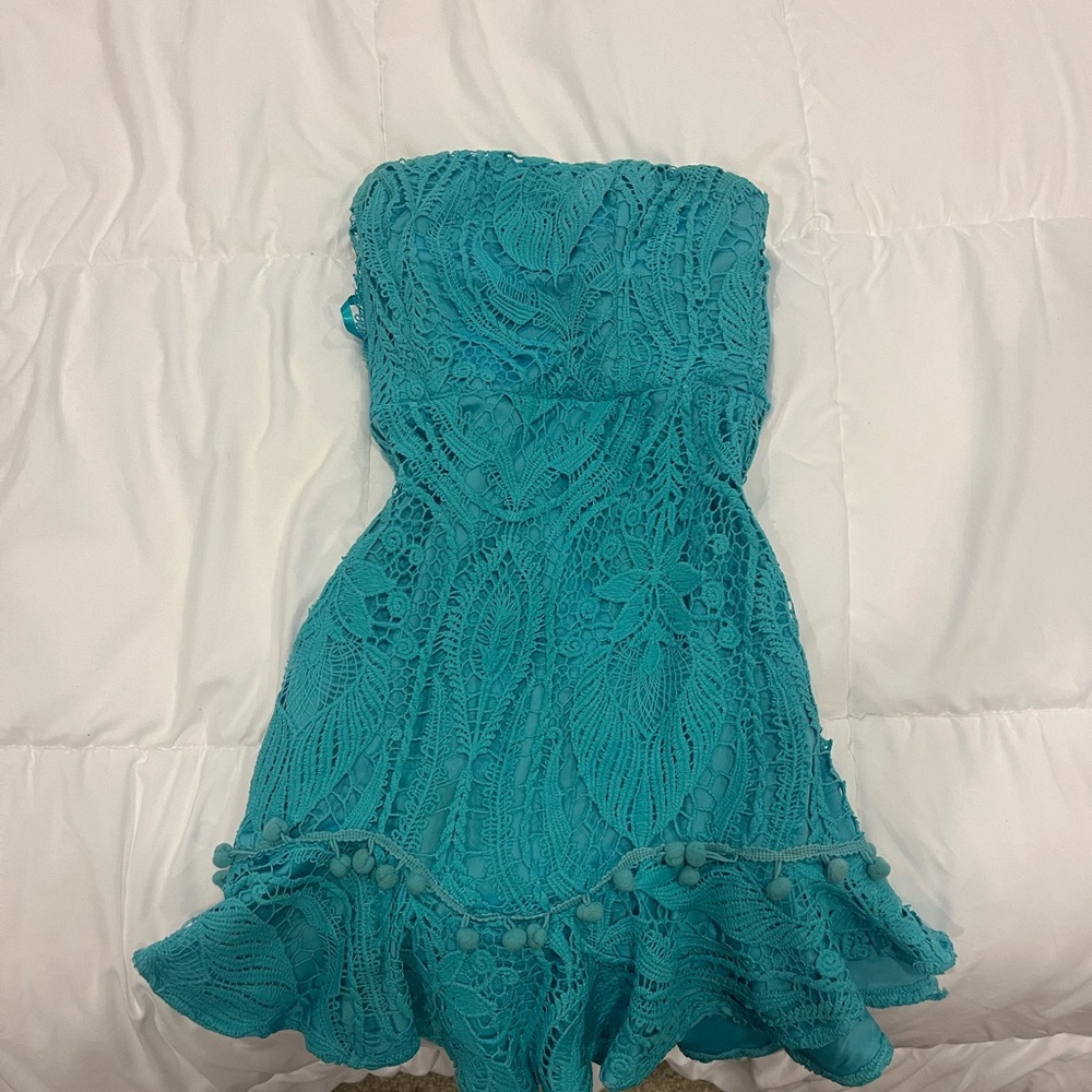 Teal Lace Strapless Dress